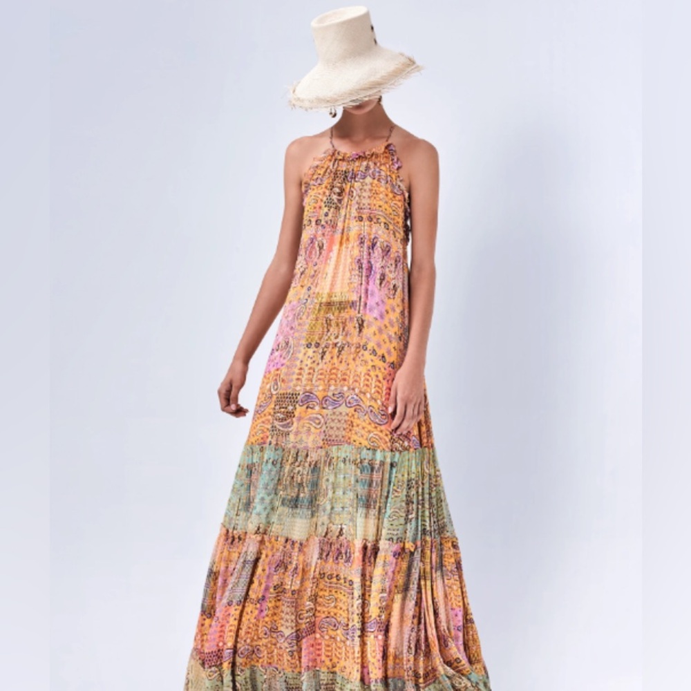 Alexis “Rosaline” Orange Green Boho Halter Belted Maxi Dress Gown Headband S